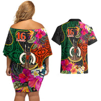 Penama Day Couples Matching Off Shoulder Short Dress and Hawaiian Shirt 16th September Polynesian Pattern with Pacific Flower LT03 - Polynesian Pride