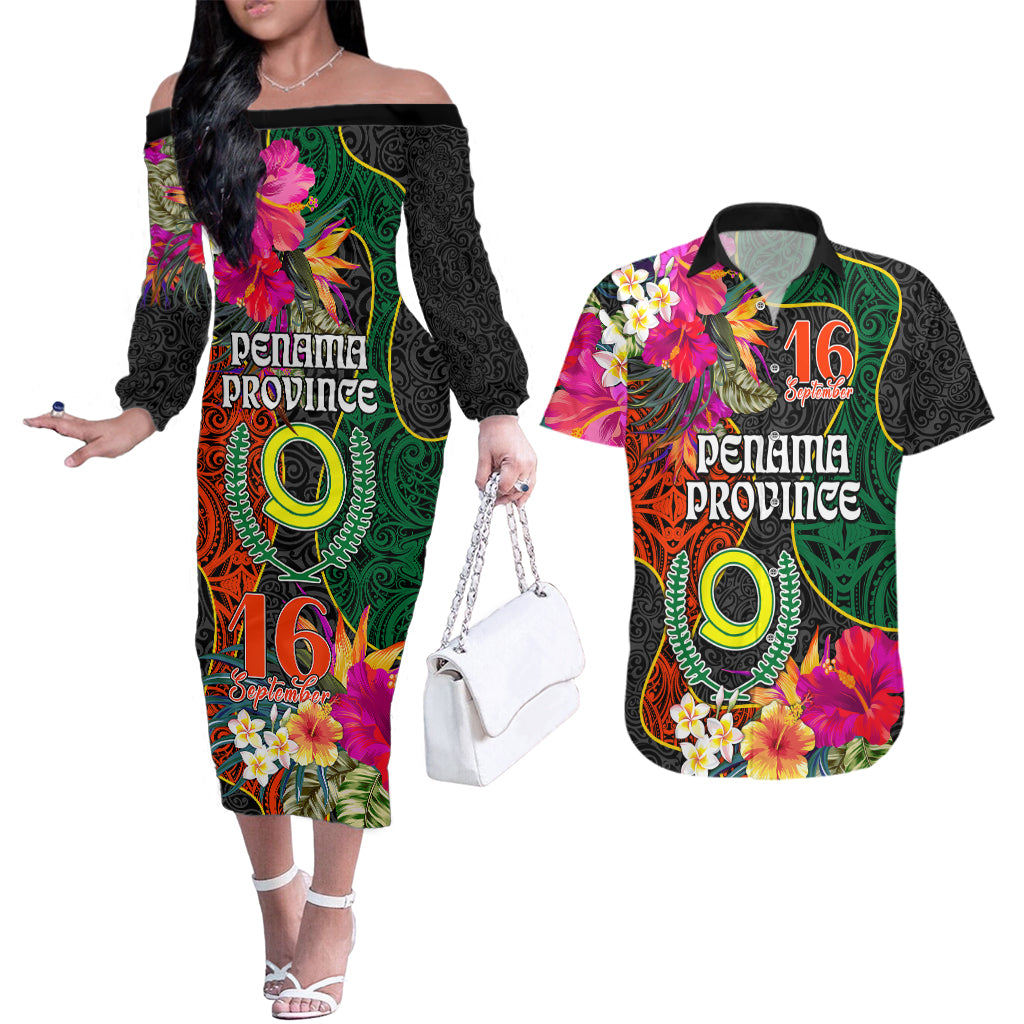 Penama Day Couples Matching Off The Shoulder Long Sleeve Dress and Hawaiian Shirt 16th September Polynesian Pattern with Pacific Flower LT03 Black - Polynesian Pride
