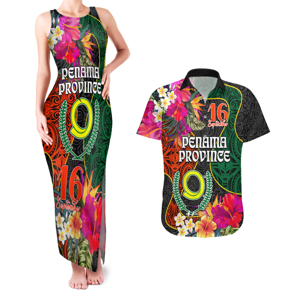 Penama Day Couples Matching Tank Maxi Dress and Hawaiian Shirt 16th September Polynesian Pattern with Pacific Flower LT03 Black - Polynesian Pride