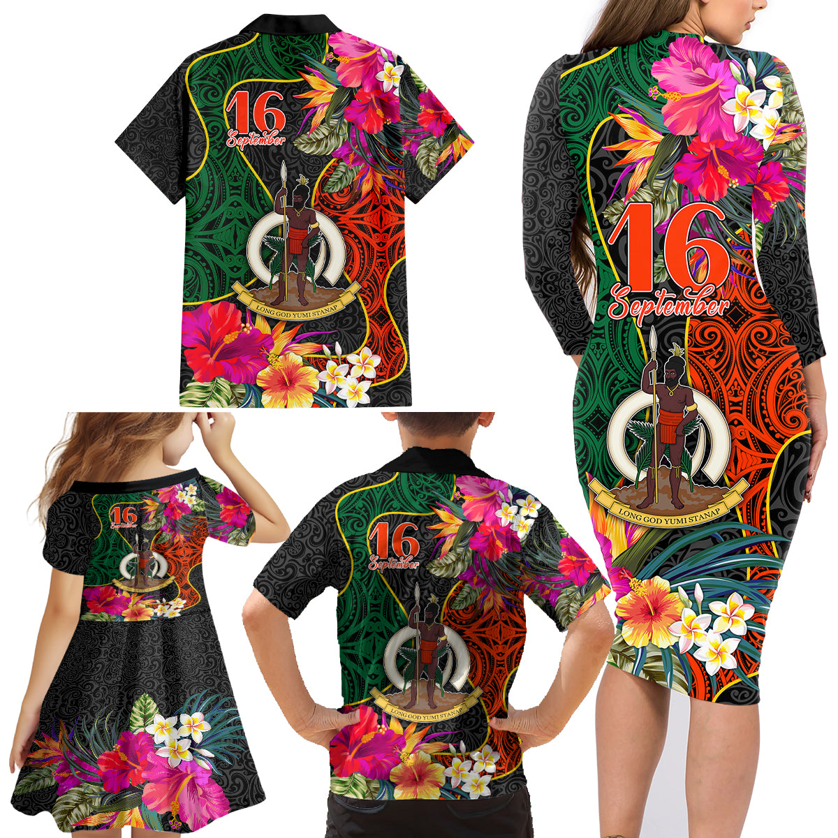 Penama Day Family Matching Long Sleeve Bodycon Dress and Hawaiian Shirt 16th September Polynesian Pattern with Pacific Flower LT03 - Polynesian Pride