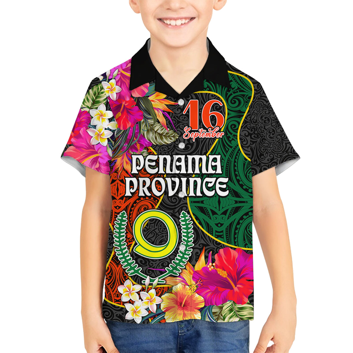 Penama Day Family Matching Off Shoulder Short Dress and Hawaiian Shirt 16th September Polynesian Pattern with Pacific Flower LT03 Son's Shirt Black - Polynesian Pride