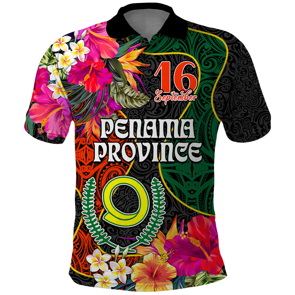 Penama Day Polo Shirt 16th September Polynesian Pattern with Pacific Flower LT03 Black - Polynesian Pride