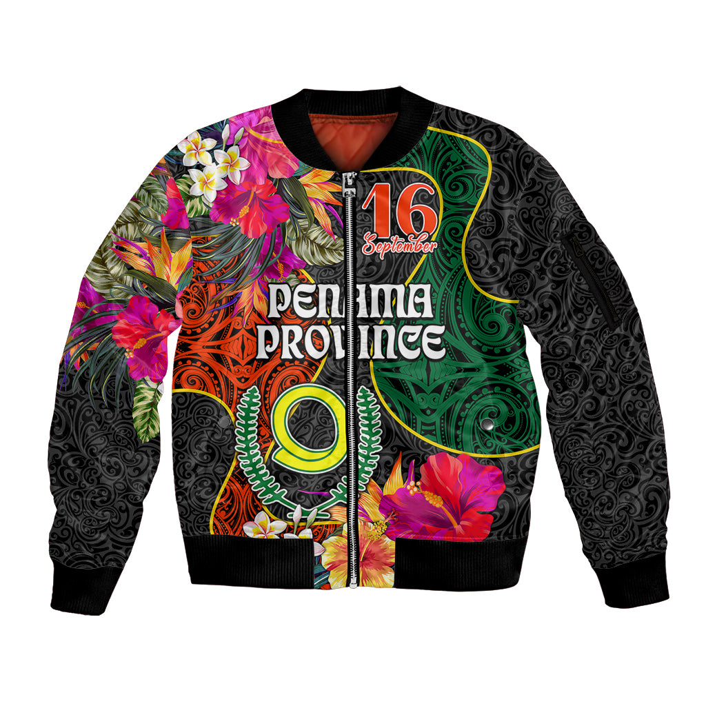 Penama Day Sleeve Zip Bomber Jacket 16th September Polynesian Pattern with Pacific Flower LT03 Unisex Black - Polynesian Pride