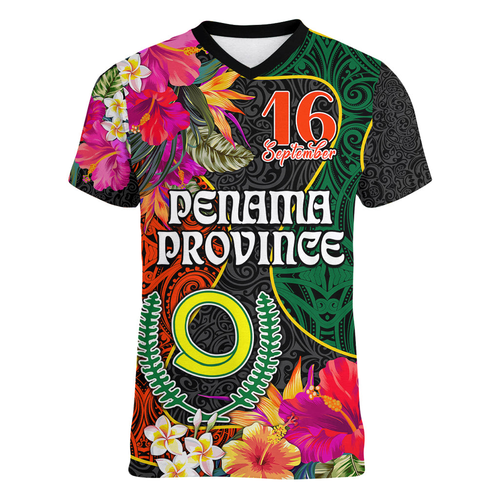 Penama Day Women V Neck T Shirt 16th September Polynesian Pattern with Pacific Flower LT03 Female Black - Polynesian Pride