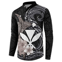 Hawaiian Whale and Kanaka Maoli Symbol Button Sweatshirt Hibiscus with Hawaii Map and Polynesian Tattoo Grayscale Color