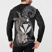 Hawaiian Whale and Kanaka Maoli Symbol Button Sweatshirt Hibiscus with Hawaii Map and Polynesian Tattoo Grayscale Color