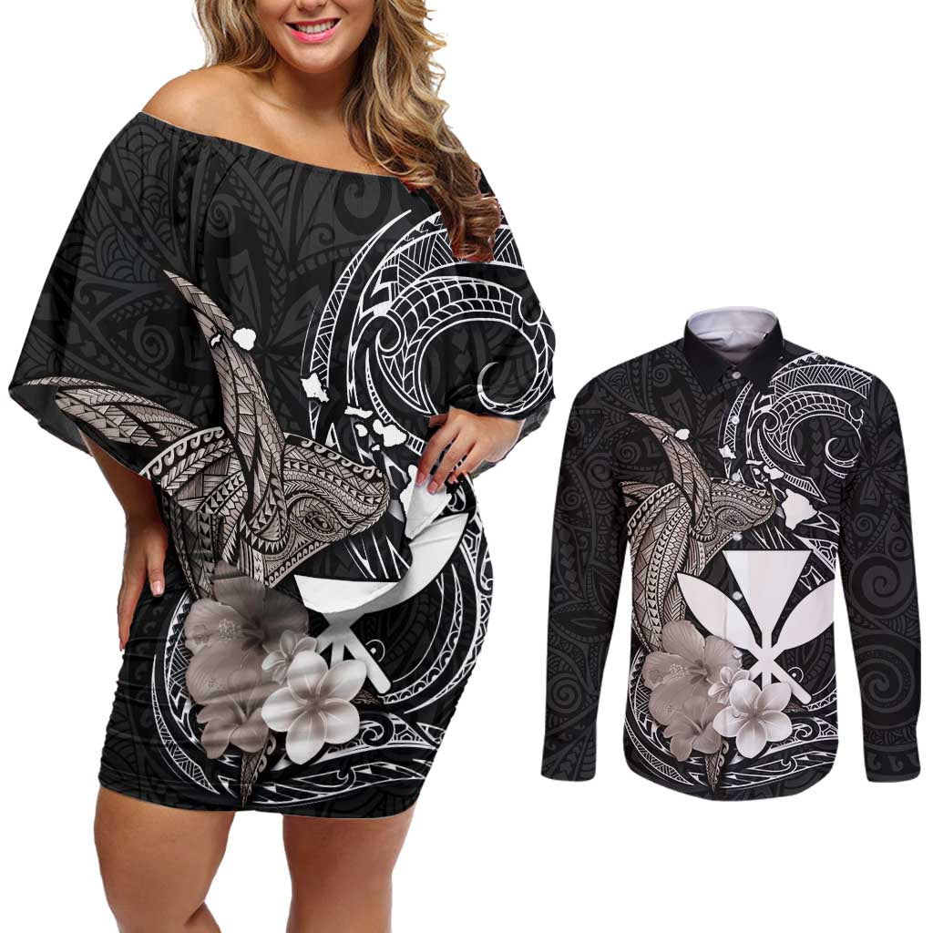 Hawaiian Whale and Kanaka Maoli Symbol Couples Matching Off Shoulder Short Dress and Long Sleeve Button Shirt Hibiscus with Hawaii Map and Polynesian Tattoo Grayscale Color