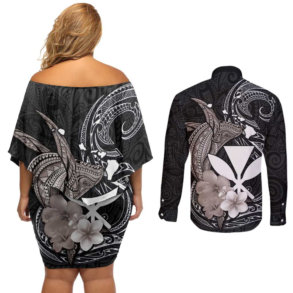 Hawaiian Whale and Kanaka Maoli Symbol Couples Matching Off Shoulder Short Dress and Long Sleeve Button Shirt Hibiscus with Hawaii Map and Polynesian Tattoo Grayscale Color