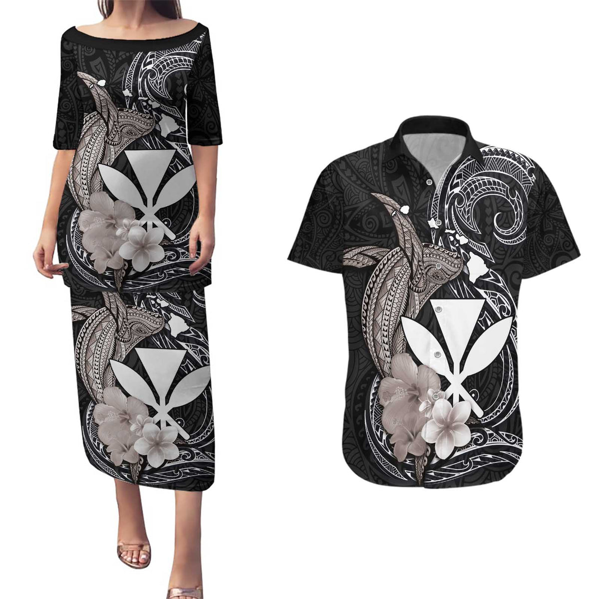 Hawaiian Whale and Kanaka Maoli Symbol Couples Matching Puletasi and Hawaiian Shirt Hibiscus with Hawaii Map and Polynesian Tattoo Grayscale Color