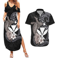 Hawaiian Whale and Kanaka Maoli Symbol Couples Matching Summer Maxi Dress and Hawaiian Shirt Hibiscus with Hawaii Map and Polynesian Tattoo Grayscale Color