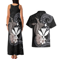 Hawaiian Whale and Kanaka Maoli Symbol Couples Matching Tank Maxi Dress and Hawaiian Shirt Hibiscus with Hawaii Map and Polynesian Tattoo Grayscale Color