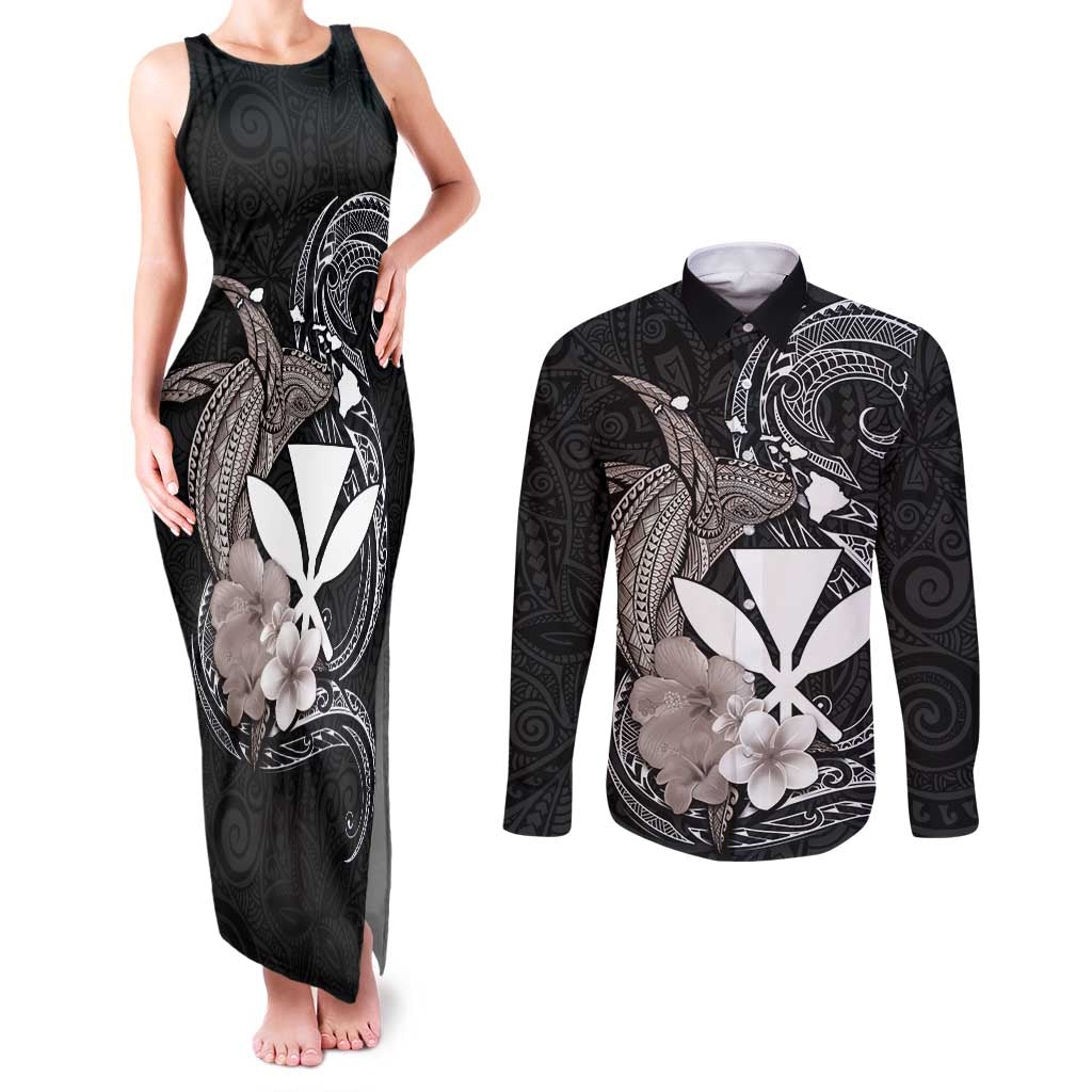 Hawaiian Whale and Kanaka Maoli Symbol Couples Matching Tank Maxi Dress and Long Sleeve Button Shirt Hibiscus with Hawaii Map and Polynesian Tattoo Grayscale Color