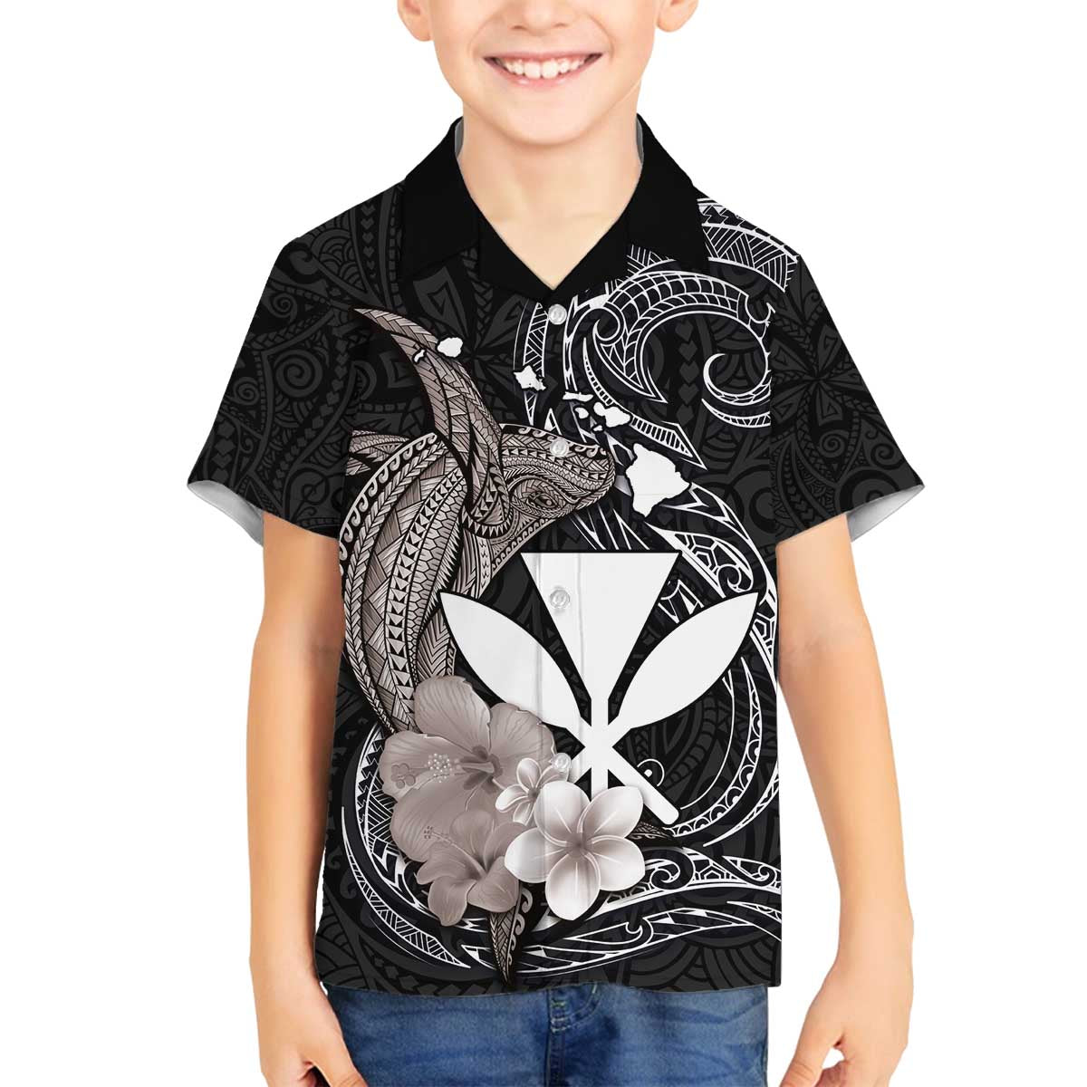 Hawaiian Whale and Kanaka Maoli Symbol Family Matching Off Shoulder Short Dress and Hawaiian Shirt Hibiscus with Hawaii Map and Polynesian Tattoo Grayscale Color