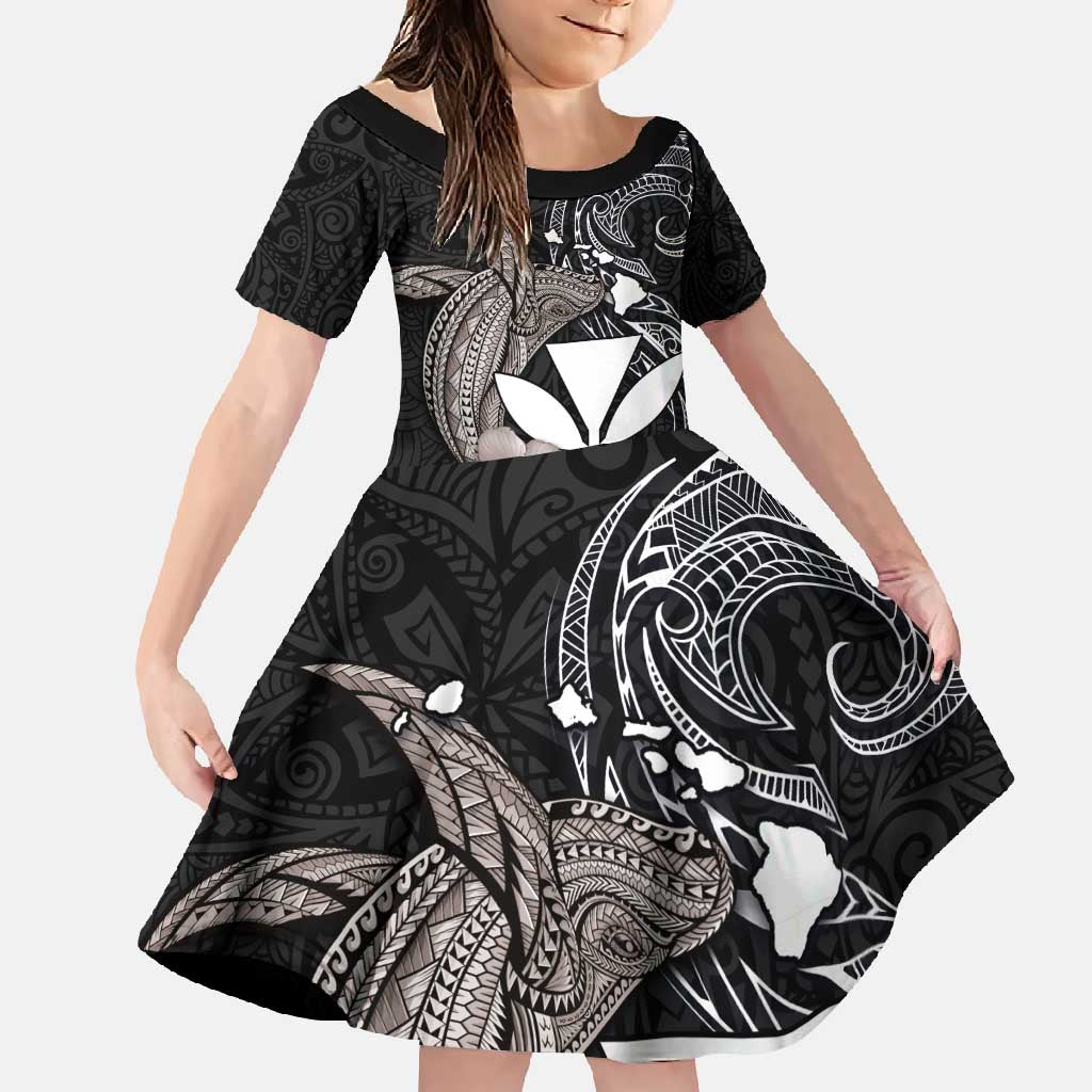 Hawaiian Whale and Kanaka Maoli Symbol Family Matching Summer Maxi Dress and Hawaiian Shirt Hibiscus with Hawaii Map and Polynesian Tattoo Grayscale Color