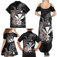 Hawaiian Whale and Kanaka Maoli Symbol Family Matching Summer Maxi Dress and Hawaiian Shirt Hibiscus with Hawaii Map and Polynesian Tattoo Grayscale Color