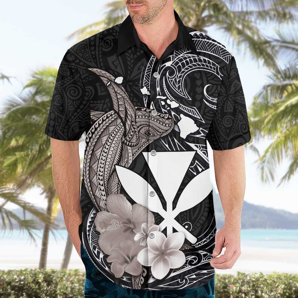 Hawaiian Whale and Kanaka Maoli Symbol Hawaiian Shirt Hibiscus with Hawaii Map and Polynesian Tattoo Grayscale Color