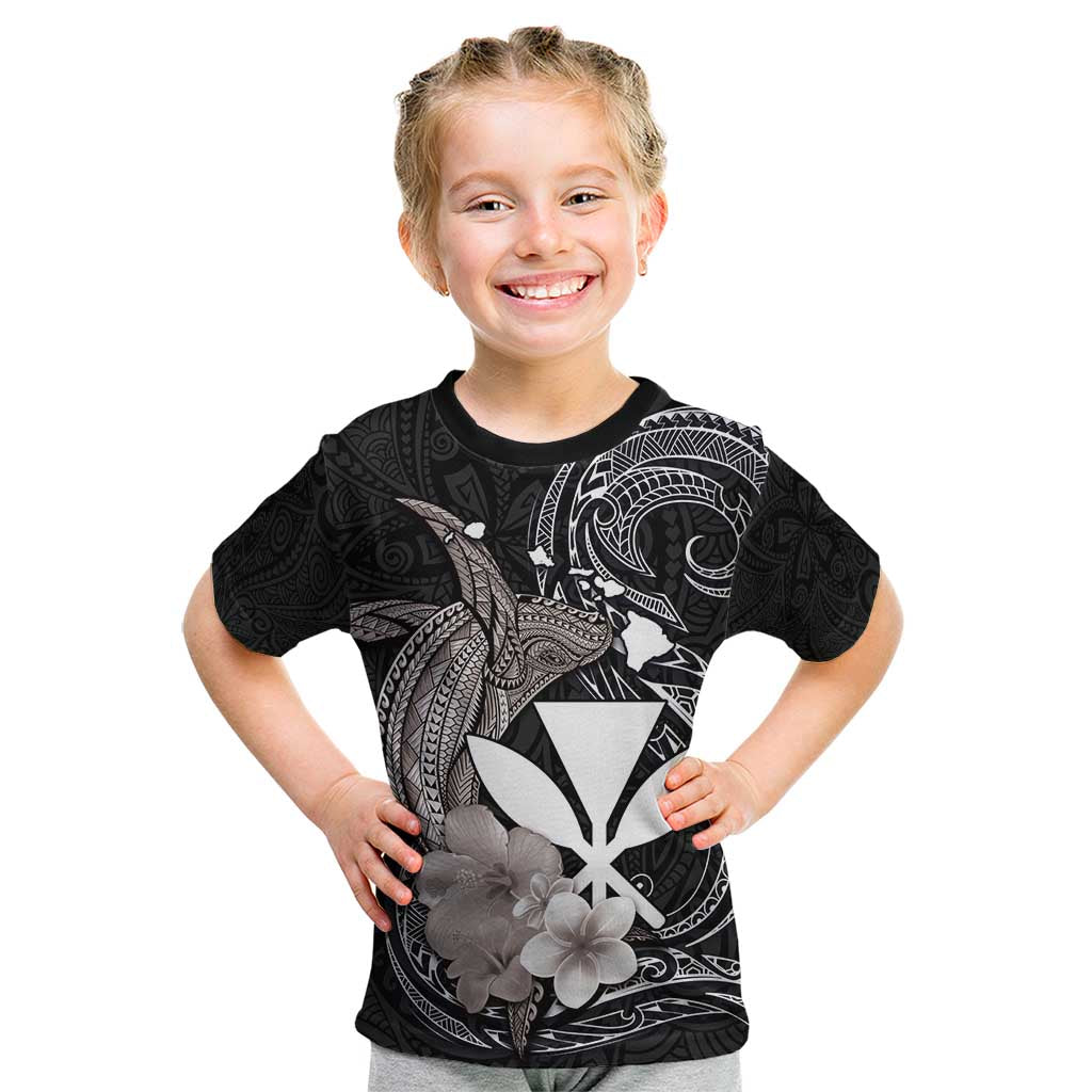 Hawaiian Whale and Kanaka Maoli Symbol Kid T Shirt Hibiscus with Hawaii Map and Polynesian Tattoo Grayscale Color