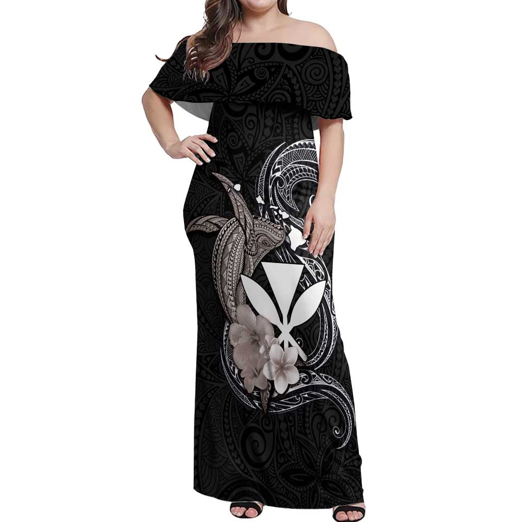 Hawaiian Whale and Kanaka Maoli Symbol Off Shoulder Maxi Dress Hibiscus with Hawaii Map and Polynesian Tattoo Grayscale Color