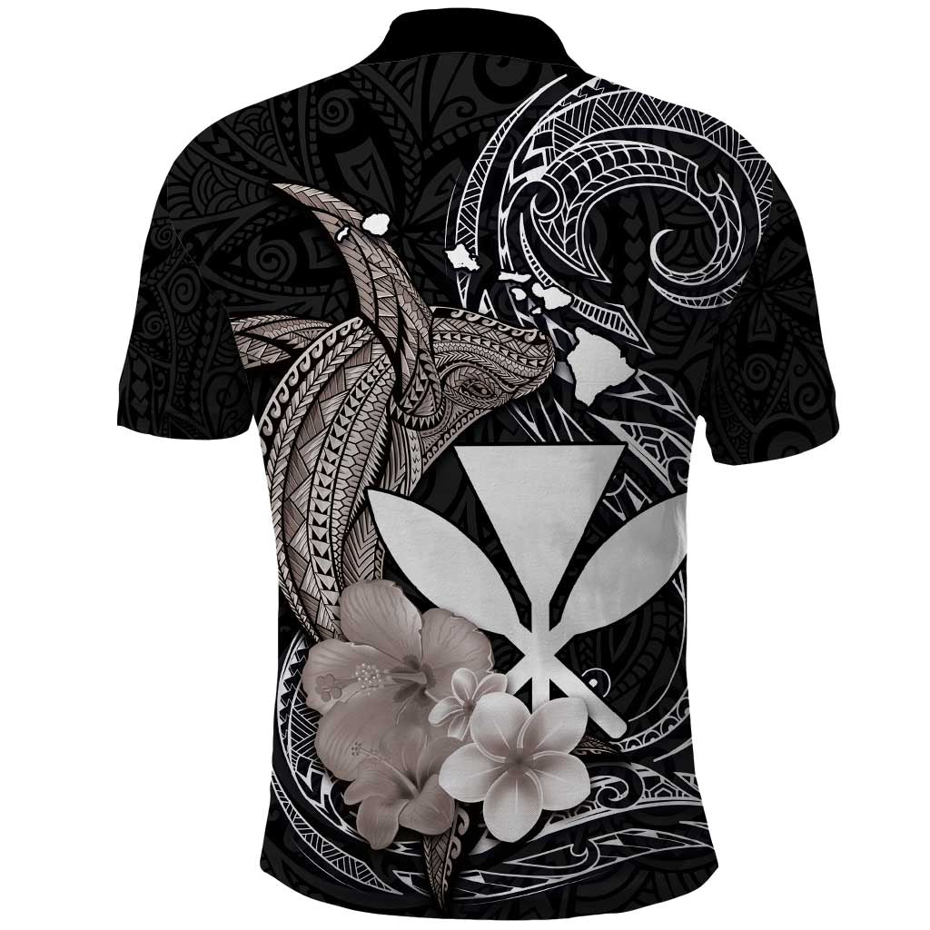 Hawaiian Whale and Kanaka Maoli Symbol Polo Shirt Hibiscus with Hawaii Map and Polynesian Tattoo Grayscale Color