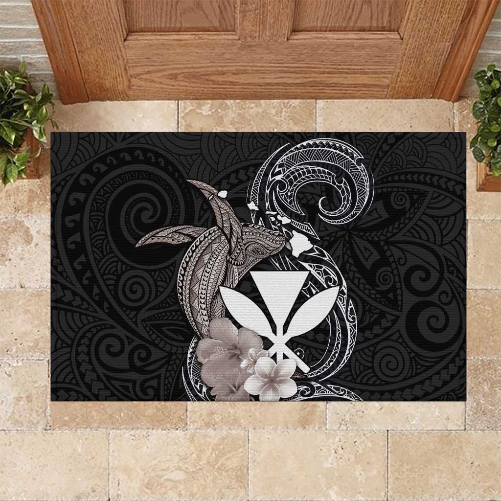 Hawaiian Whale and Kanaka Maoli Symbol Rubber Doormat Hibiscus with Hawaii Map and Polynesian Tattoo Grayscale Color