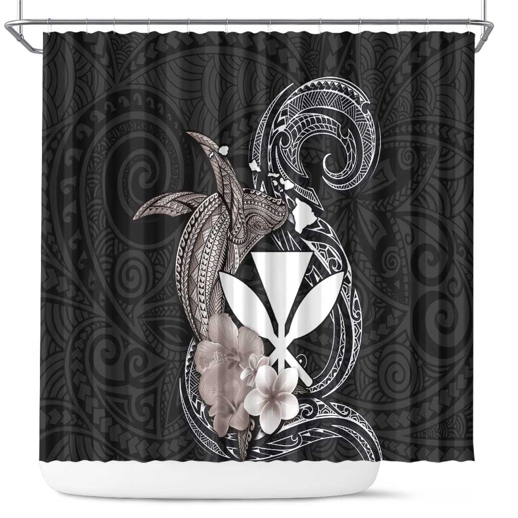 Hawaiian Whale and Kanaka Maoli Symbol Shower Curtain Hibiscus with Hawaii Map and Polynesian Tattoo Grayscale Color
