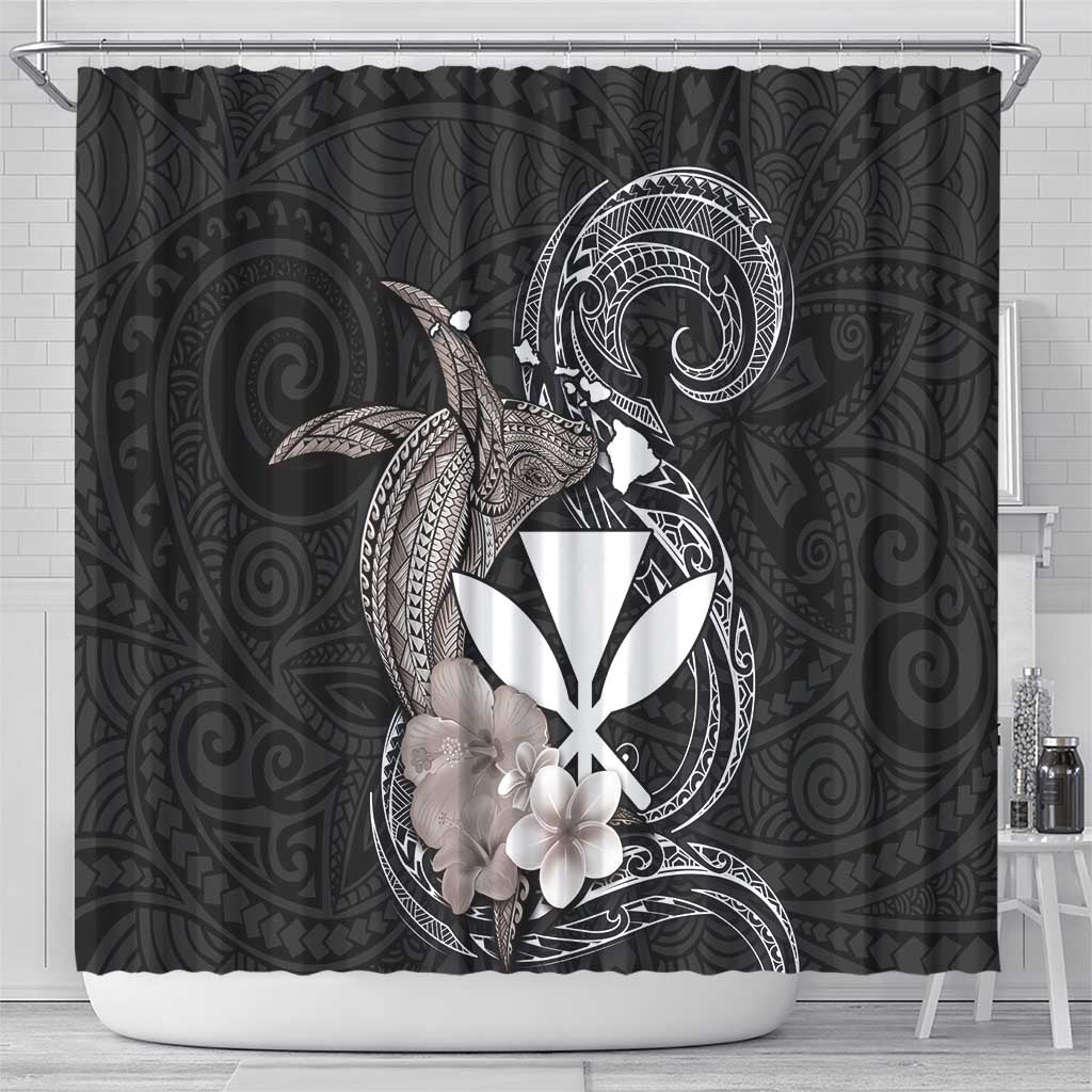 Hawaiian Whale and Kanaka Maoli Symbol Shower Curtain Hibiscus with Hawaii Map and Polynesian Tattoo Grayscale Color