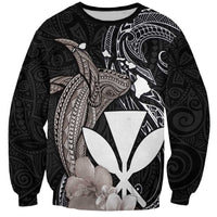 Hawaiian Whale and Kanaka Maoli Symbol Sweatshirt Hibiscus with Hawaii Map and Polynesian Tattoo Grayscale Color