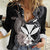 Hawaiian Whale and Kanaka Maoli Symbol Women Casual Shirt Hibiscus with Hawaii Map and Polynesian Tattoo Grayscale Color