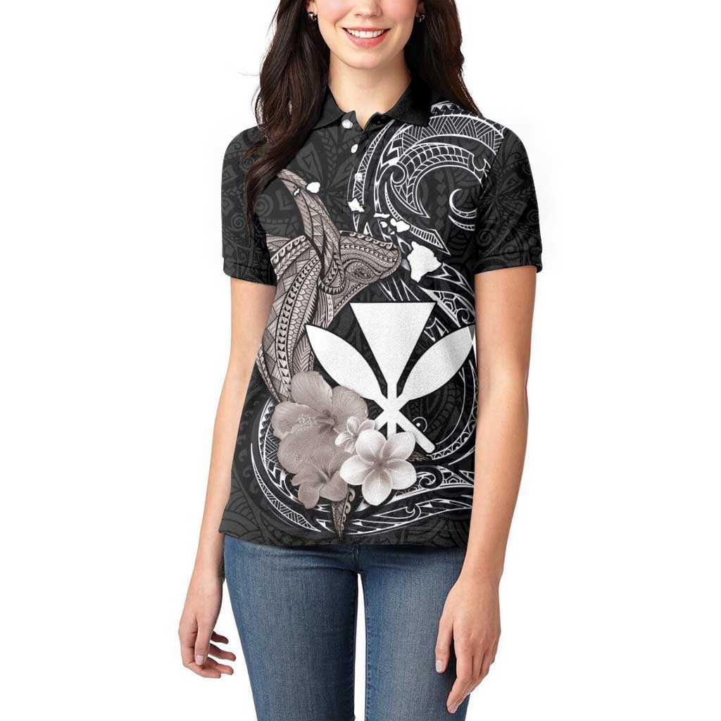 Hawaiian Whale and Kanaka Maoli Symbol Women Polo Shirt Hibiscus with Hawaii Map and Polynesian Tattoo Grayscale Color