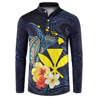 Hawaiian Whale and Kanaka Maoli Symbol Button Sweatshirt Hibiscus with Hawaii Map and Polynesian Tattoo Deep Sea Color