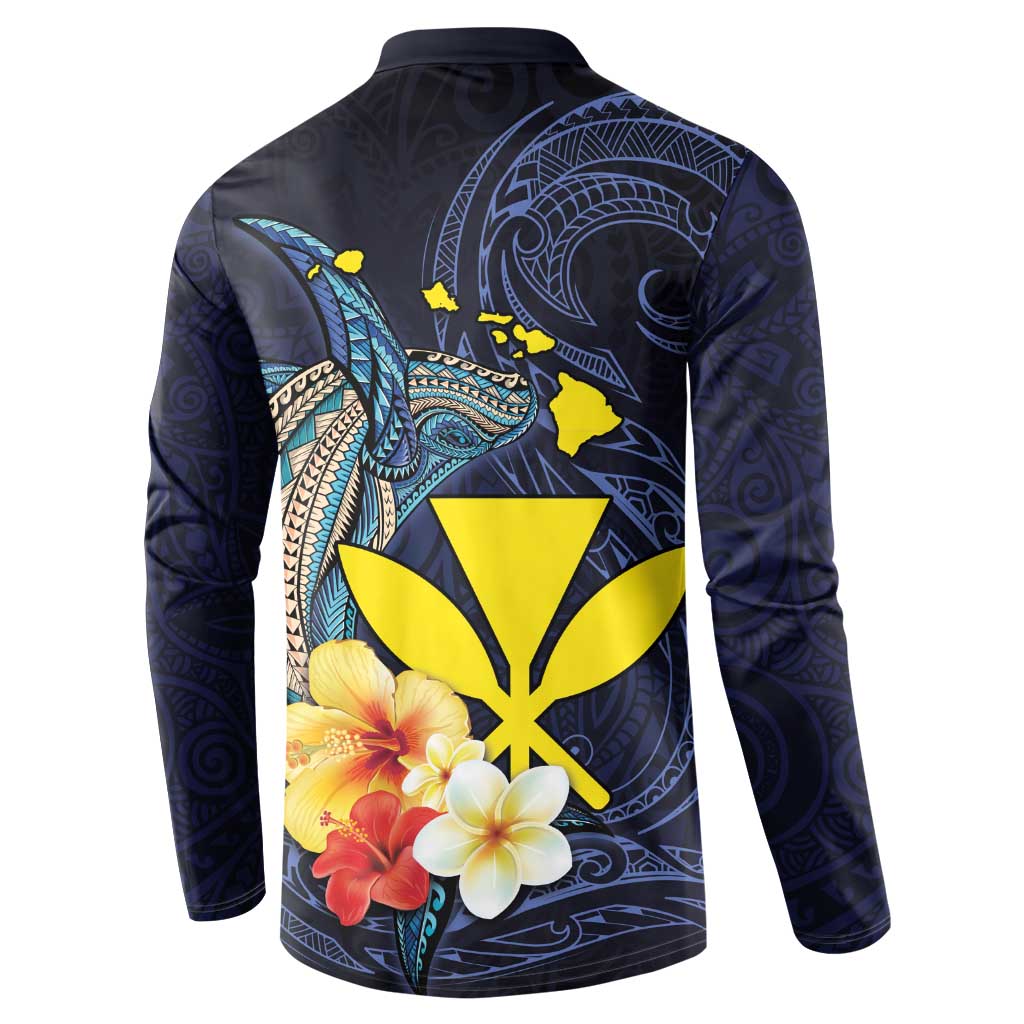 Hawaiian Whale and Kanaka Maoli Symbol Button Sweatshirt Hibiscus with Hawaii Map and Polynesian Tattoo Deep Sea Color