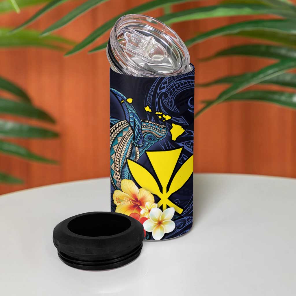 Hawaiian Whale and Kanaka Maoli Symbol 4 in 1 Can Cooler Tumbler Hibiscus with Hawaii Map and Polynesian Tattoo Deep Sea Color