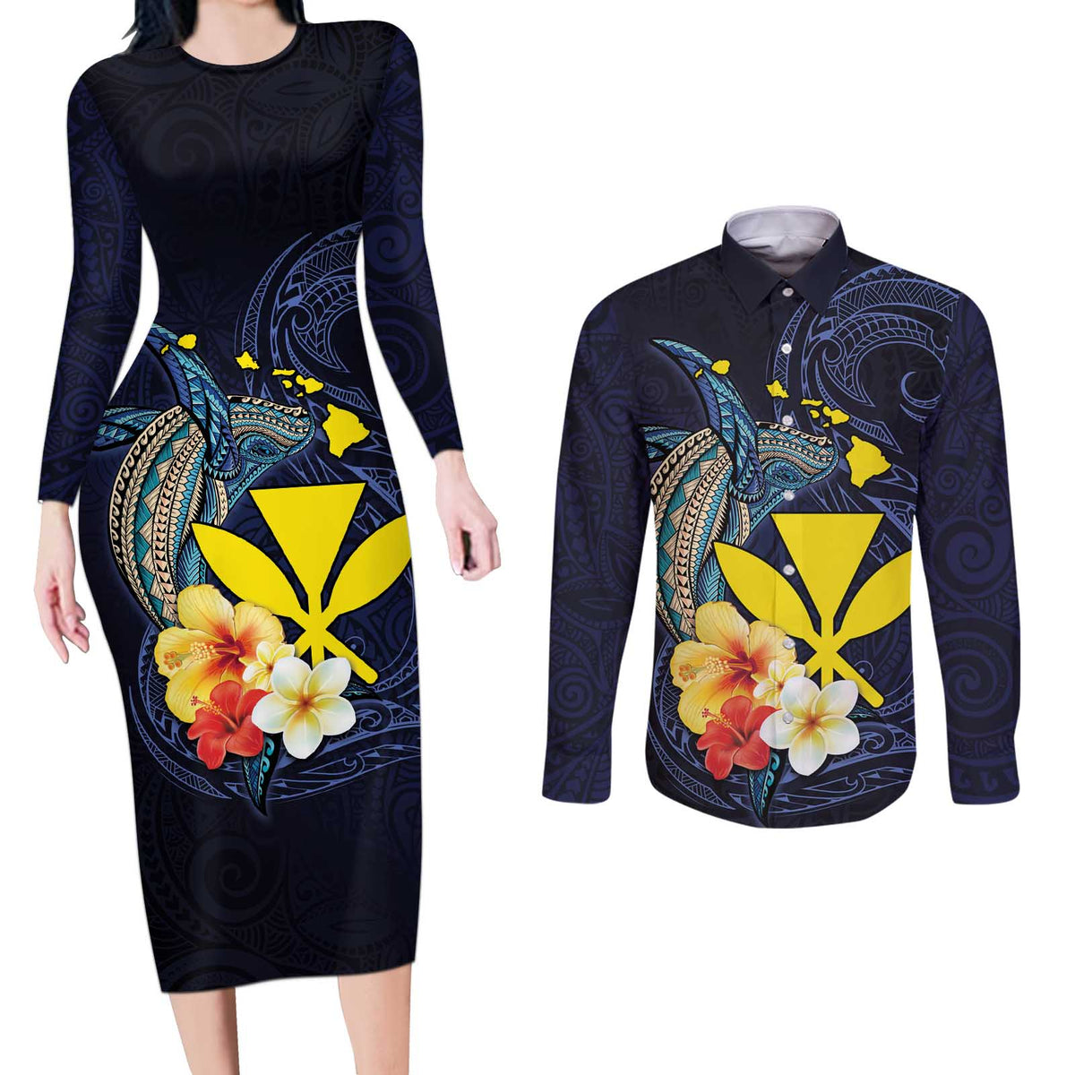 Hawaiian Whale and Kanaka Maoli Symbol Couples Matching Long Sleeve Bodycon Dress and Long Sleeve Button Shirt Hibiscus with Hawaii Map and Polynesian Tattoo Deep Sea Color