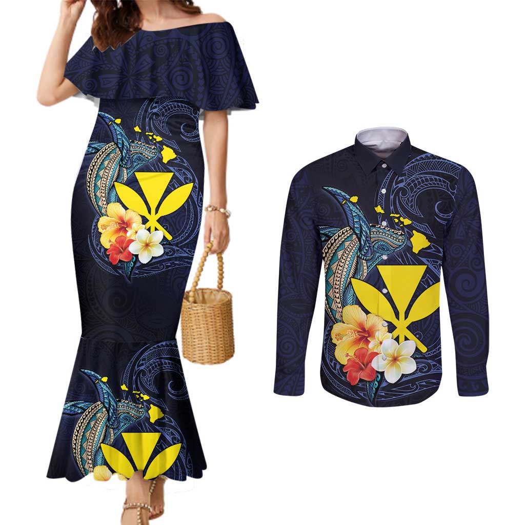 Hawaiian Whale and Kanaka Maoli Symbol Couples Matching Mermaid Dress and Long Sleeve Button Shirt Hibiscus with Hawaii Map and Polynesian Tattoo Deep Sea Color