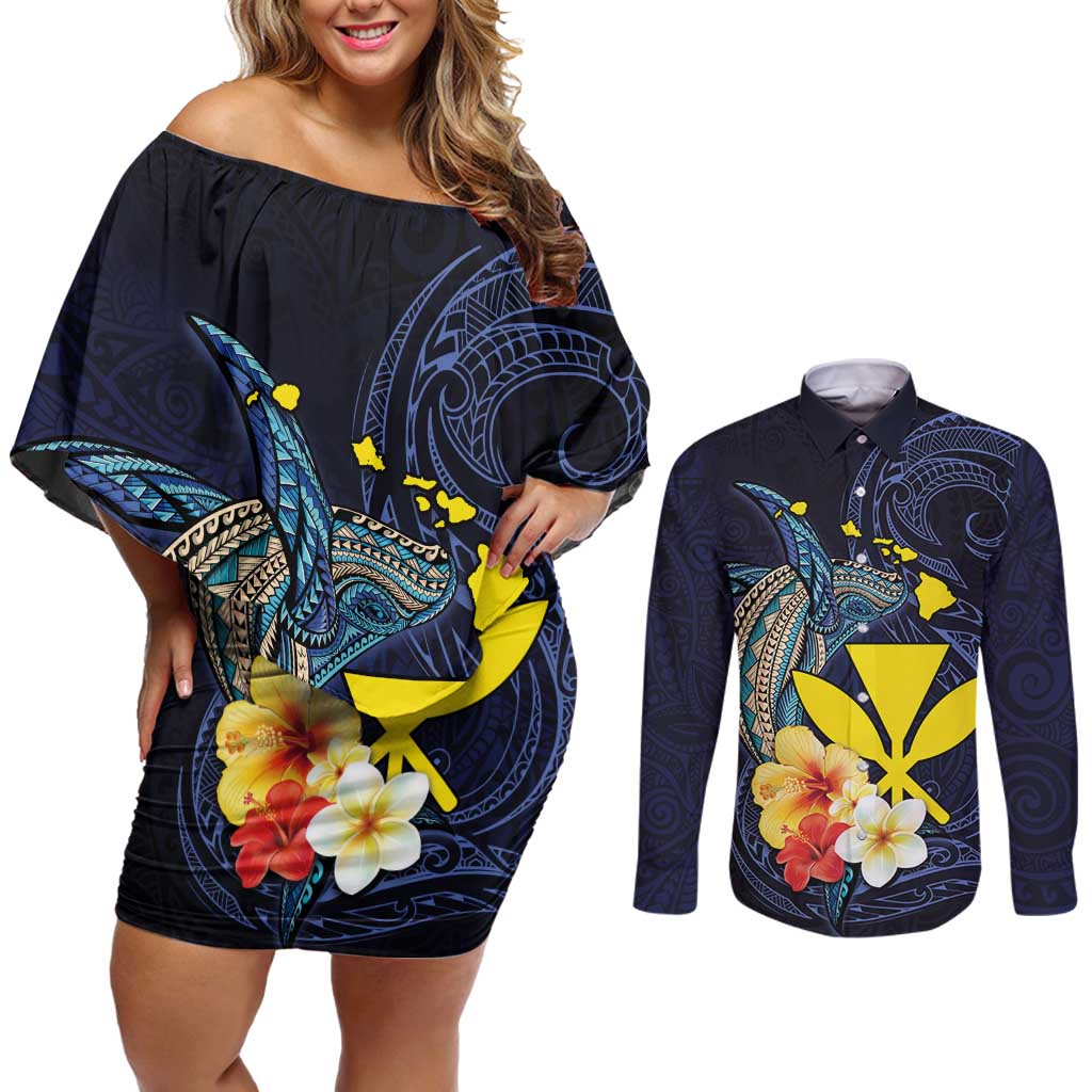 Hawaiian Whale and Kanaka Maoli Symbol Couples Matching Off Shoulder Short Dress and Long Sleeve Button Shirt Hibiscus with Hawaii Map and Polynesian Tattoo Deep Sea Color