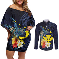 Hawaiian Whale and Kanaka Maoli Symbol Couples Matching Off Shoulder Short Dress and Long Sleeve Button Shirt Hibiscus with Hawaii Map and Polynesian Tattoo Deep Sea Color