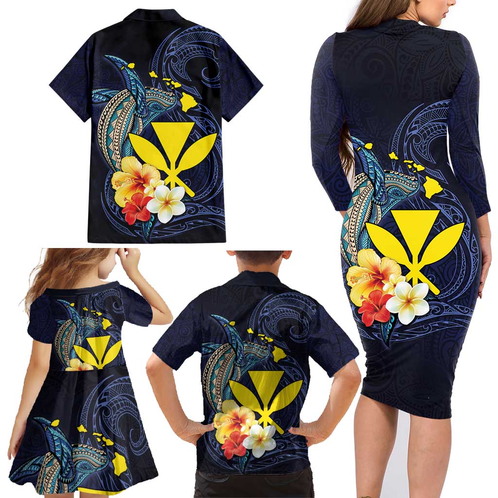 Hawaiian Whale and Kanaka Maoli Symbol Family Matching Long Sleeve Bodycon Dress and Hawaiian Shirt Hibiscus with Hawaii Map and Polynesian Tattoo Deep Sea Color
