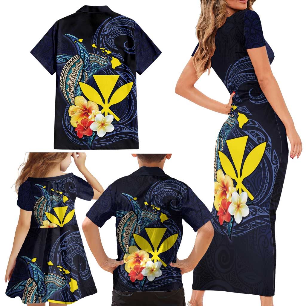 Hawaiian Whale and Kanaka Maoli Symbol Family Matching Short Sleeve Bodycon Dress and Hawaiian Shirt Hibiscus with Hawaii Map and Polynesian Tattoo Deep Sea Color
