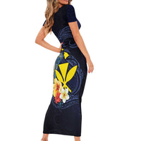 Hawaiian Whale and Kanaka Maoli Symbol Family Matching Short Sleeve Bodycon Dress and Hawaiian Shirt Hibiscus with Hawaii Map and Polynesian Tattoo Deep Sea Color
