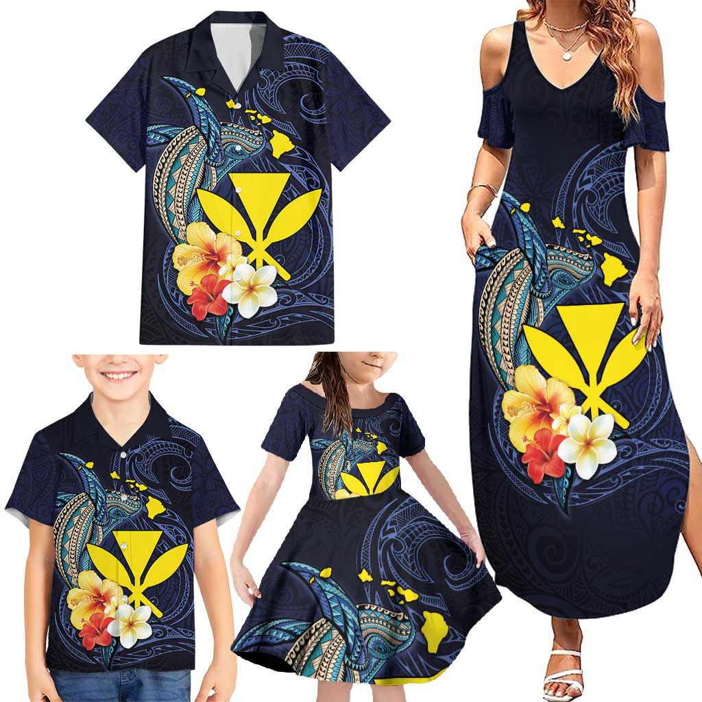 Hawaiian Whale and Kanaka Maoli Symbol Family Matching Summer Maxi Dress and Hawaiian Shirt Hibiscus with Hawaii Map and Polynesian Tattoo Deep Sea Color