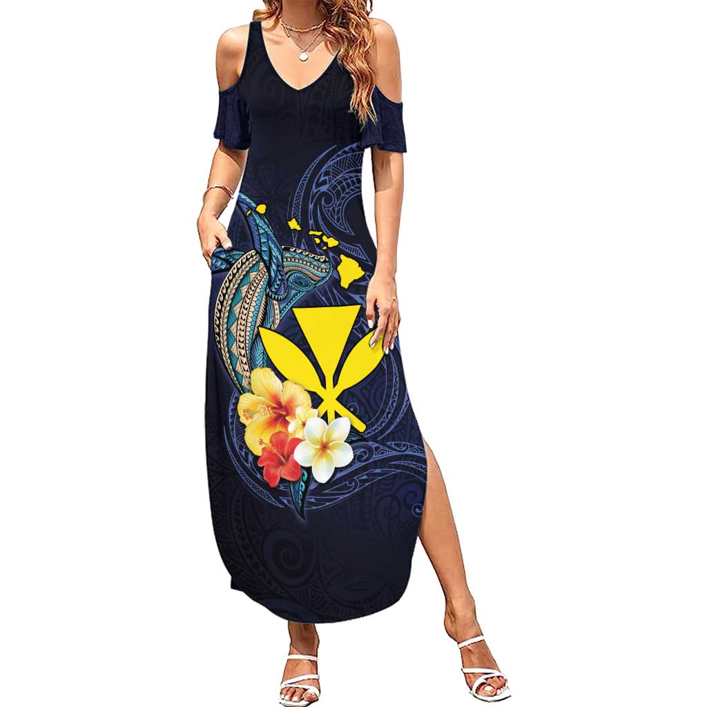 Hawaiian Whale and Kanaka Maoli Symbol Family Matching Summer Maxi Dress and Hawaiian Shirt Hibiscus with Hawaii Map and Polynesian Tattoo Deep Sea Color