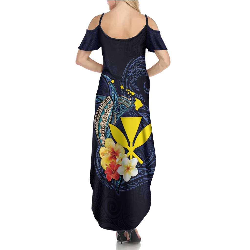Hawaiian Whale and Kanaka Maoli Symbol Family Matching Summer Maxi Dress and Hawaiian Shirt Hibiscus with Hawaii Map and Polynesian Tattoo Deep Sea Color