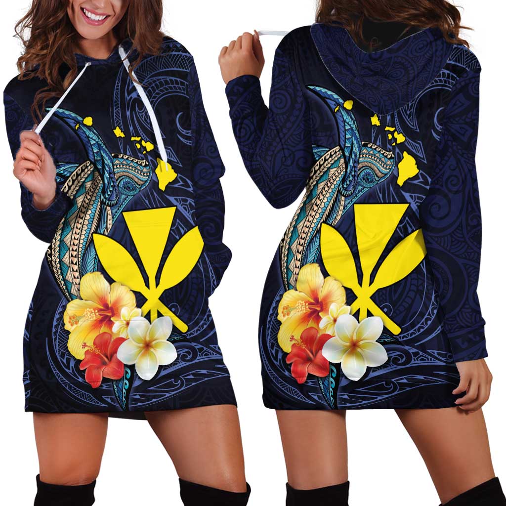 Hawaiian Whale and Kanaka Maoli Symbol Hoodie Dress Hibiscus with Hawaii Map and Polynesian Tattoo Deep Sea Color