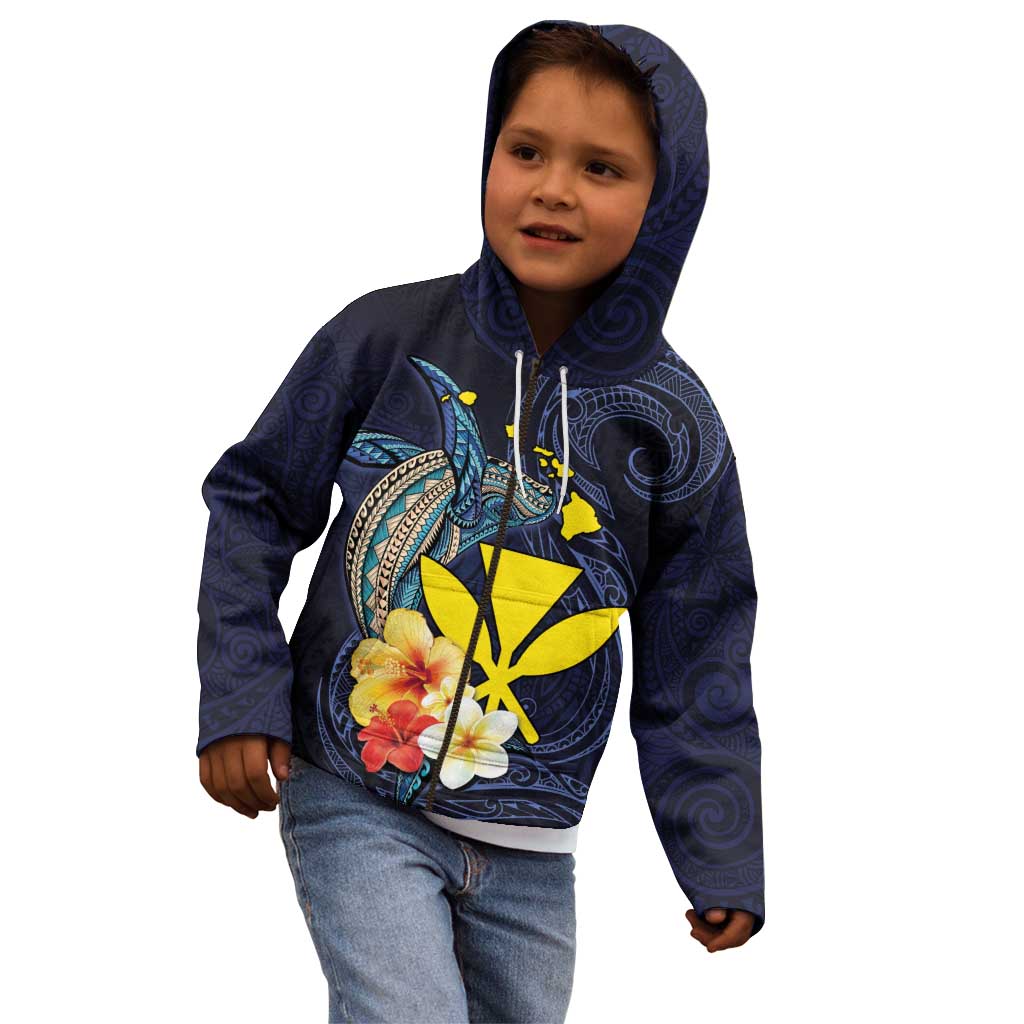 Hawaiian Whale and Kanaka Maoli Symbol Kid Hoodie Hibiscus with Hawaii Map and Polynesian Tattoo Deep Sea Color