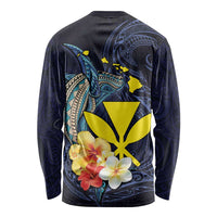 Hawaiian Whale and Kanaka Maoli Symbol Long Sleeve Shirt Hibiscus with Hawaii Map and Polynesian Tattoo Deep Sea Color