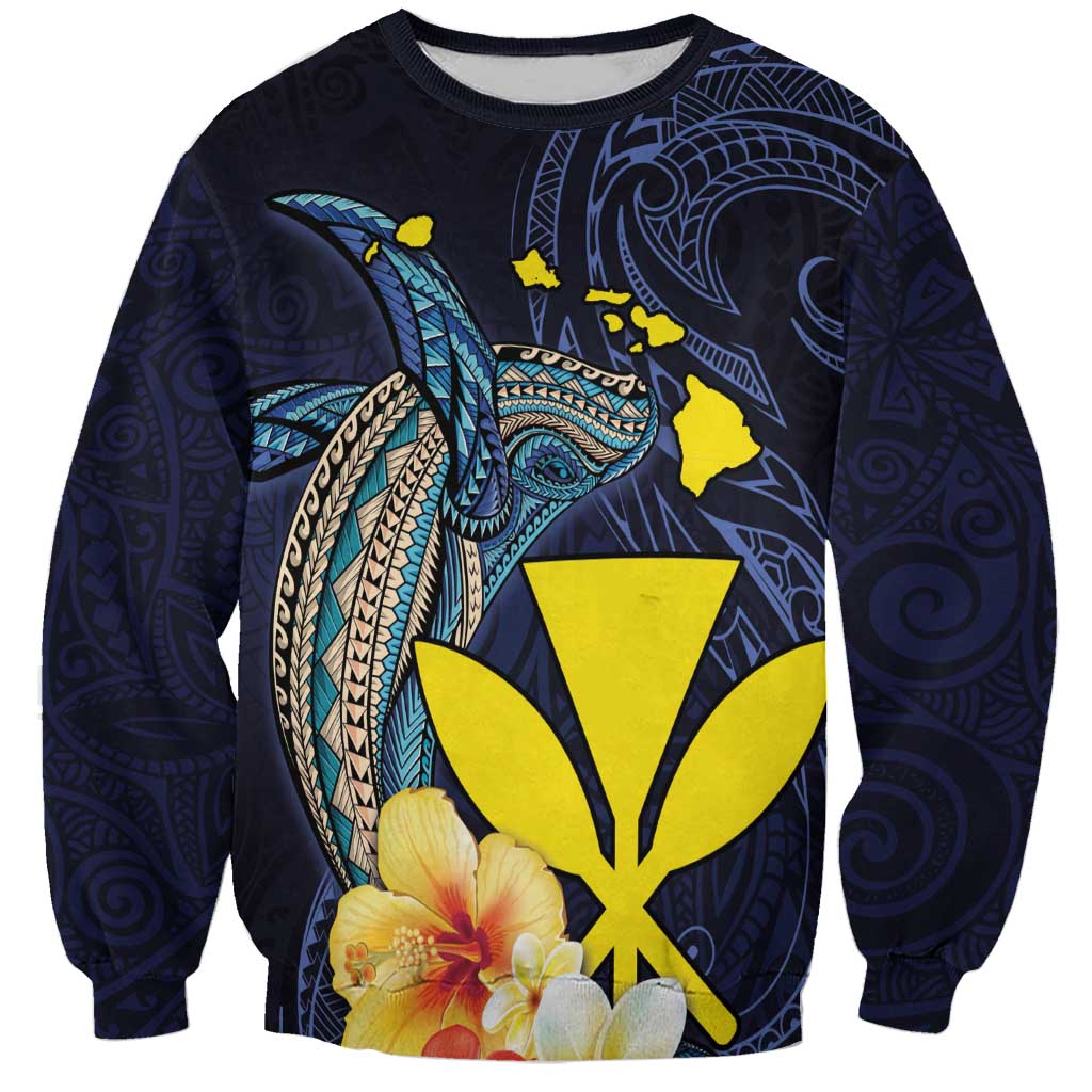 Hawaiian Whale and Kanaka Maoli Symbol Sweatshirt Hibiscus with Hawaii Map and Polynesian Tattoo Deep Sea Color