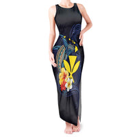 Hawaiian Whale and Kanaka Maoli Symbol Tank Maxi Dress Hibiscus with Hawaii Map and Polynesian Tattoo Deep Sea Color