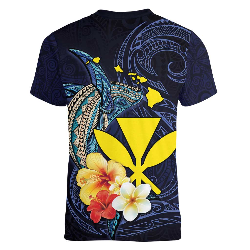 Hawaiian Whale and Kanaka Maoli Symbol Women V-Neck T-Shirt Hibiscus with Hawaii Map and Polynesian Tattoo Deep Sea Color