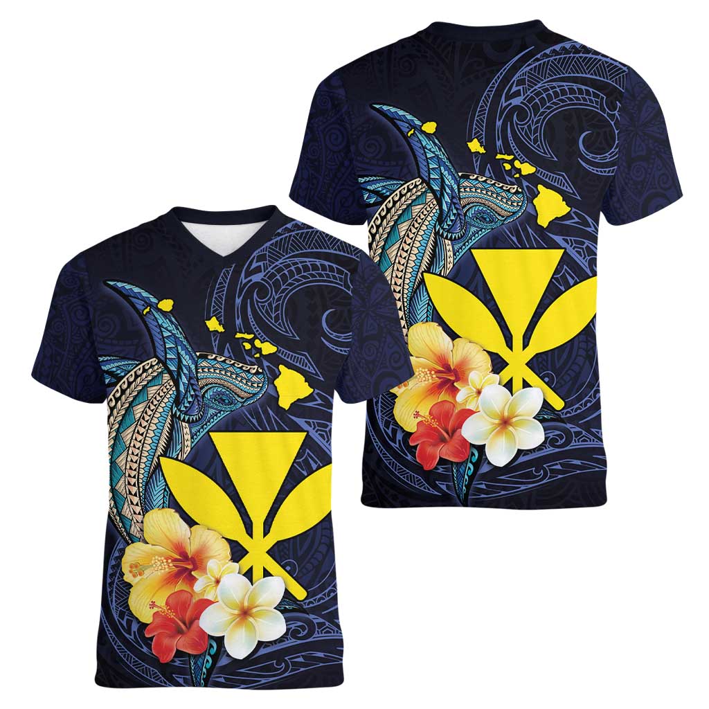 Hawaiian Whale and Kanaka Maoli Symbol Women V-Neck T-Shirt Hibiscus with Hawaii Map and Polynesian Tattoo Deep Sea Color