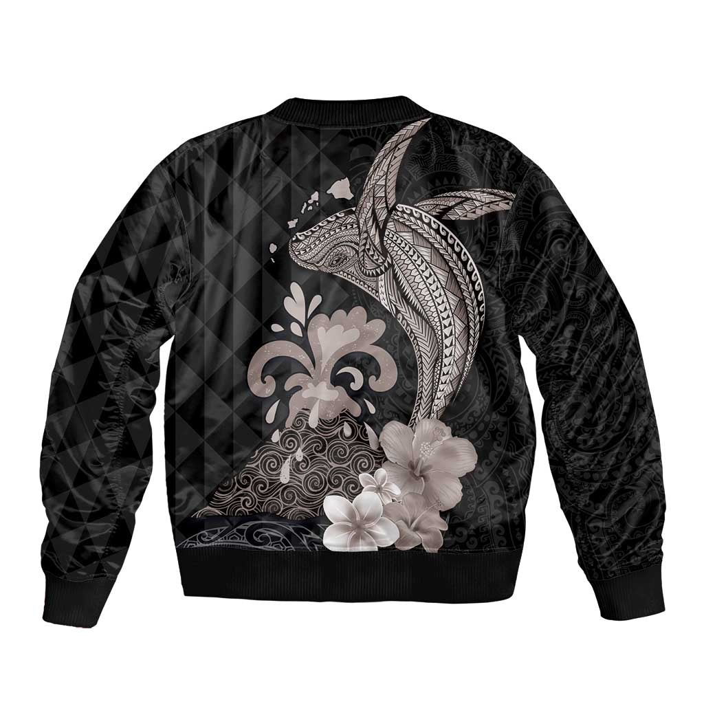 Hawaiian Whale and Volcanic Eruption Bomber Jacket Hibiscus and Kakau Pattern Grayscale Color